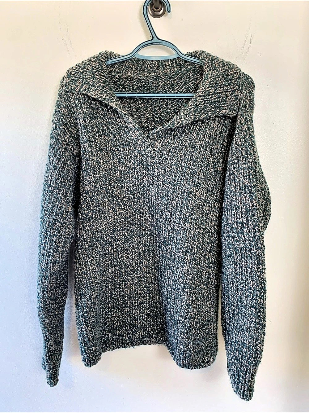 Handmade Sweater in Green and Ivory, Thick, V Neck